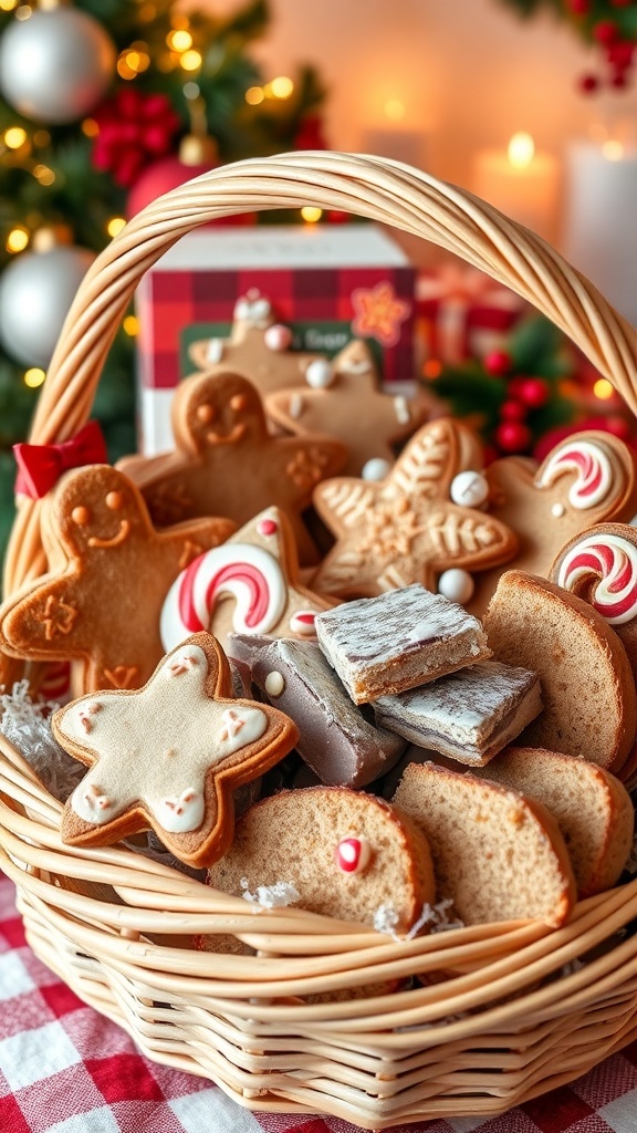 A Christmas baking basket filled with gingerbread cookies, peppermint bark, and spiced bread, surrounded by holiday decorations.